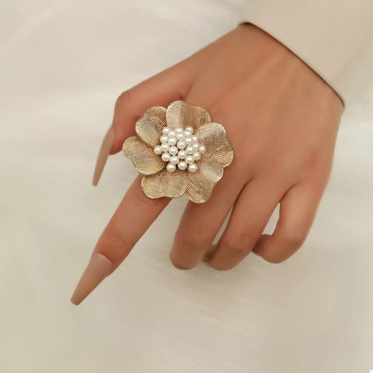 18K Gold - Plated Pearl Flower Ring - Rochelle's House LLC