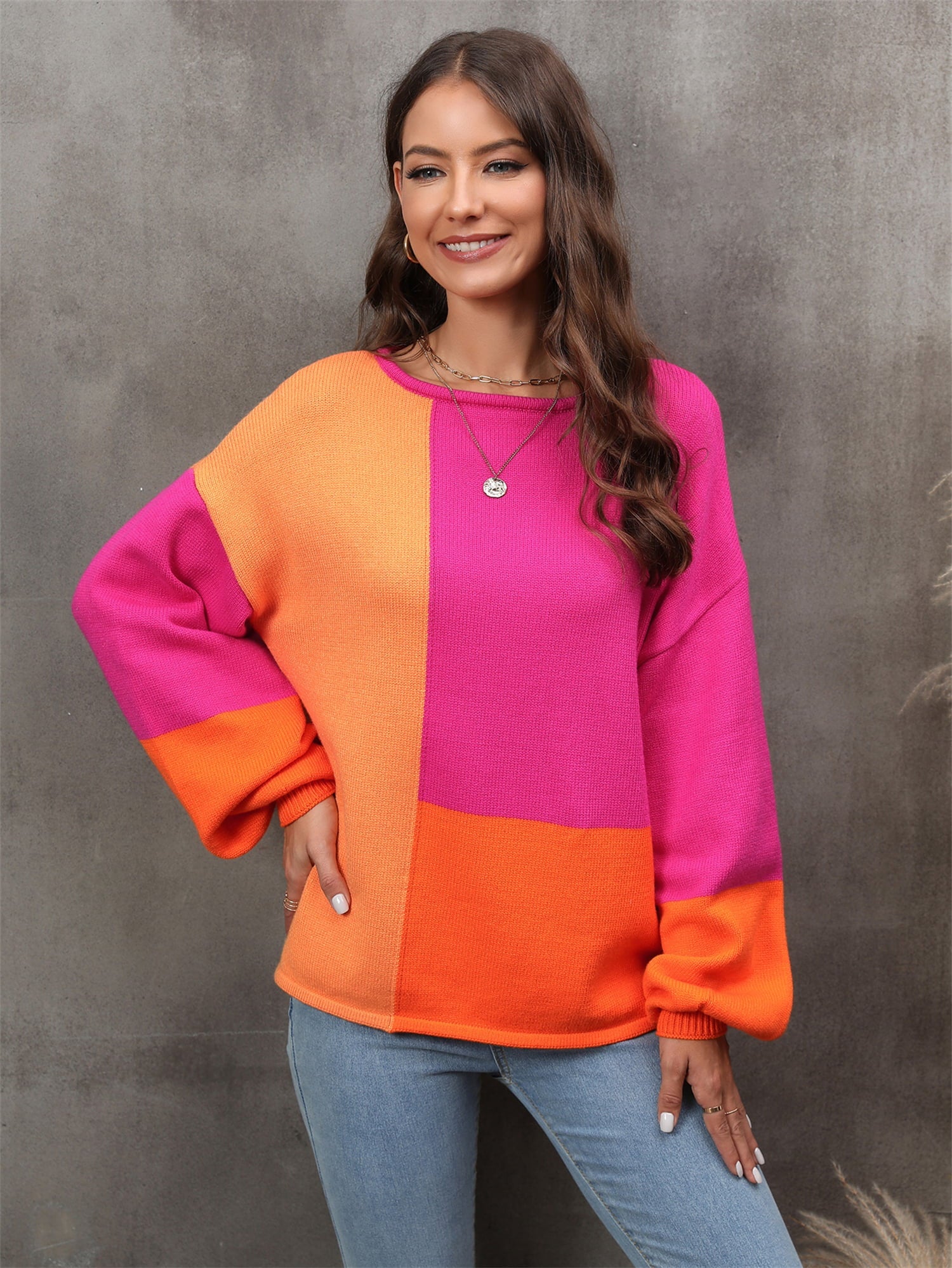 Front view of Angel Wings Color Block Round Neck Dropped Shoulder Sweater in Multicolor showing neckline and sleeve details