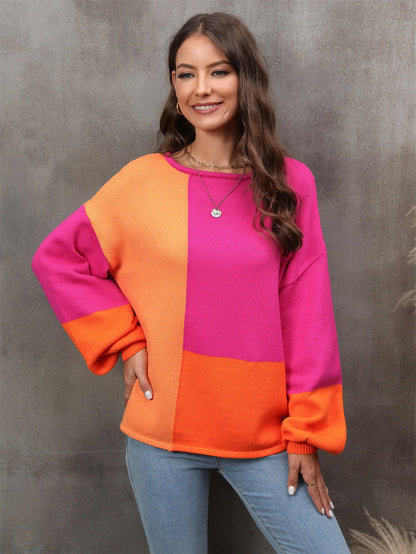 Front view of Angel Wings Color Block Round Neck Dropped Shoulder Sweater in Multicolor showing neckline and sleeve details