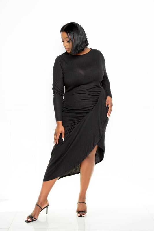 Asymmetrical Sweater Dress With Waterfall Ruffle - Rochelle's House LLC