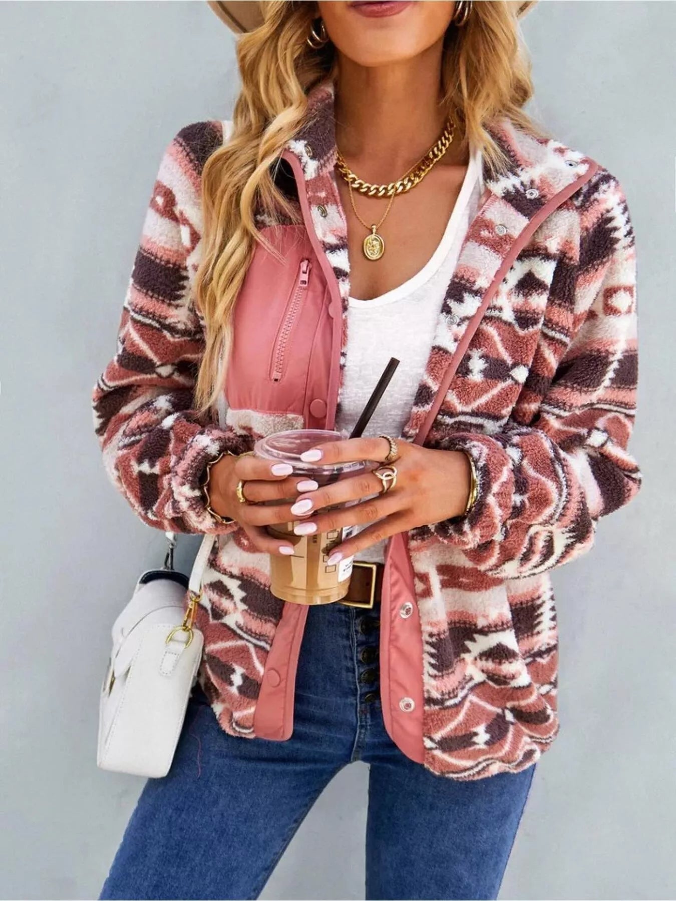 Aztec Print Fleece Snap Down Jacket - Rochelle's House LLC