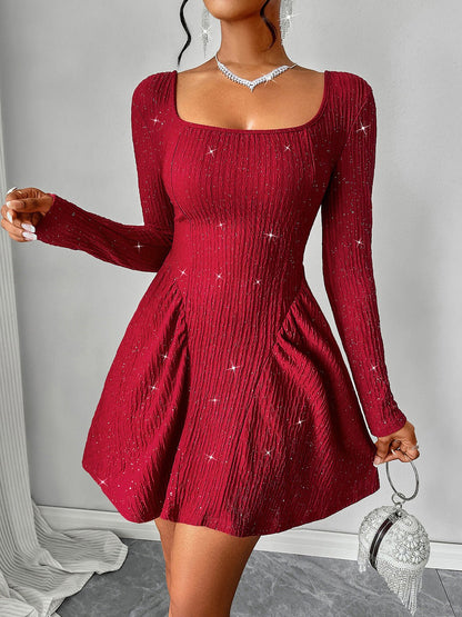 Front view of Backless Glitter Square Neck Long Sleeve Mini Dress in Deep Red showing neckline and sleeve details