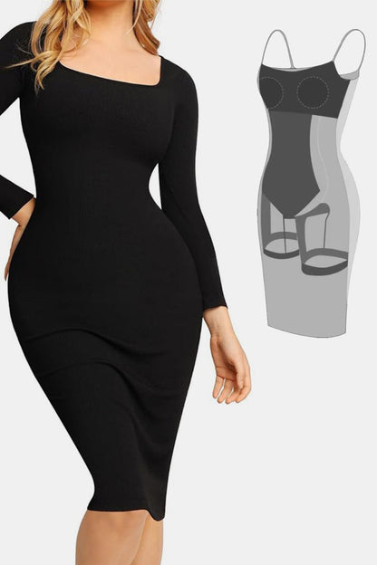 Front view of Basic Bae Full Size Built-In Shapewear Square Neck Long Sleeve Dress in Black showing neckline and sleeve detai
