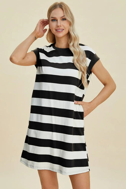 Front view of Basic Bae Full Size Striped Round Neck Cap Sleeve Mini Dress in Black showing neckline and sleeve details