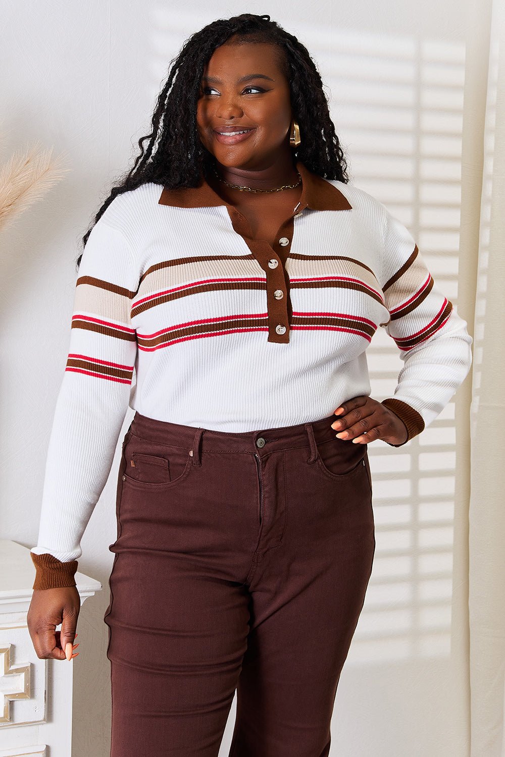 Front view of Basic Bae Striped Collared Neck Rib-Knit Top in Beige showing neckline and sleeve details