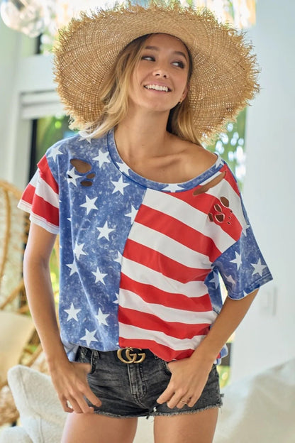 Front view of BiBi American Flag Theme Short Sleeve T-Shirt in Navy/Red showing neckline and sleeve details