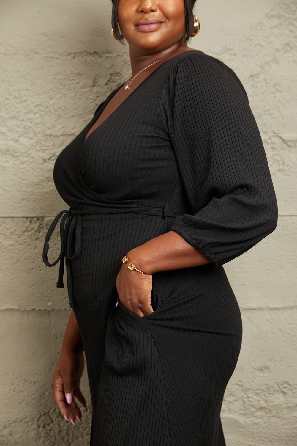 Black Culture Code Full Size Surplice Flare Ruching Dress - Rochelle's House LLC
