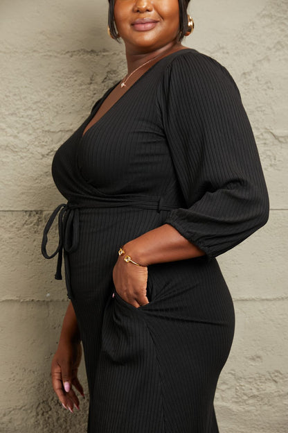 Black Culture Code Full Size Surplice Flare Ruching Dress - Rochelle's House LLC
