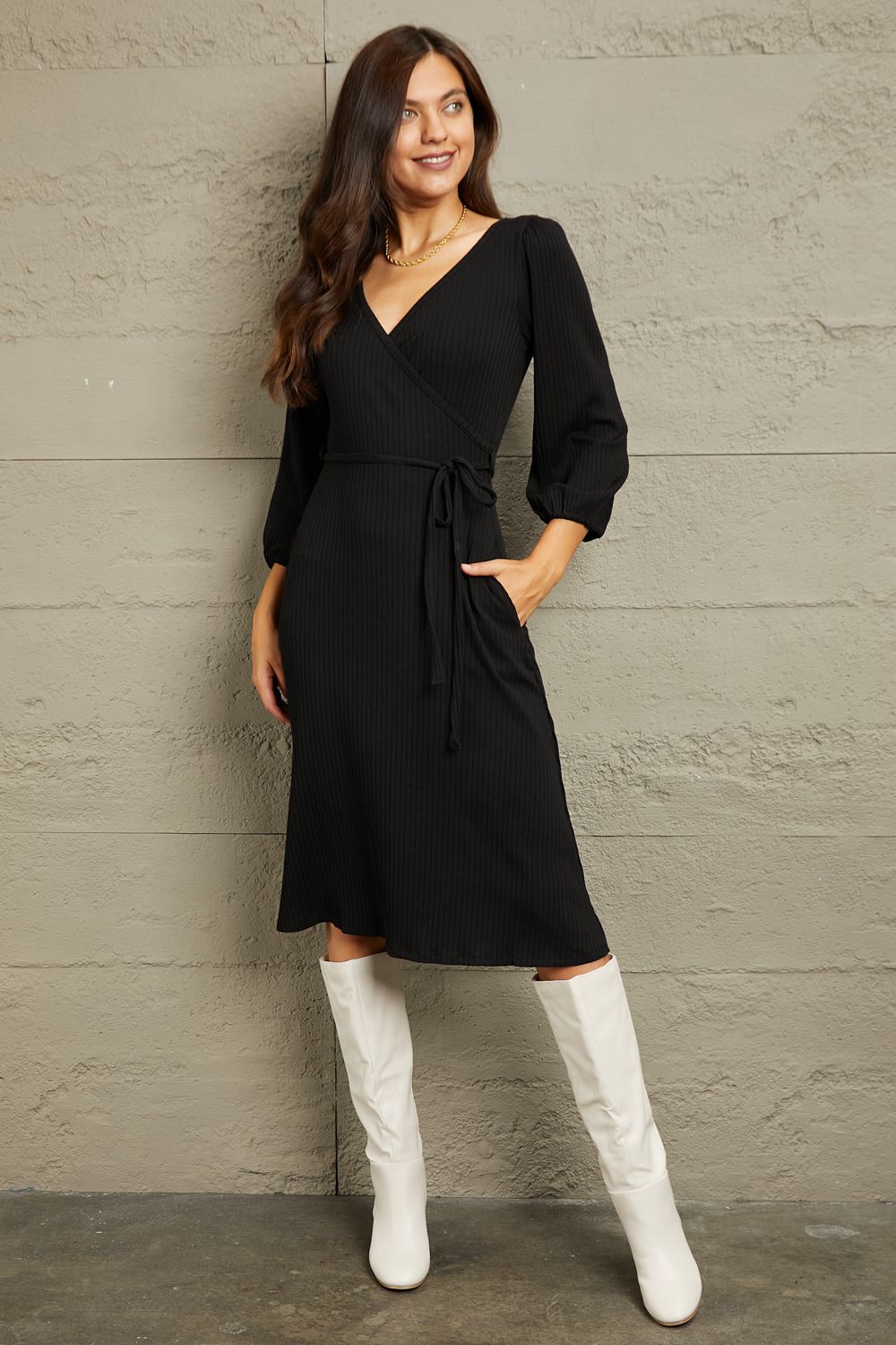 Black Culture Code Full Size Surplice Flare Ruching Dress - Rochelle's House LLC