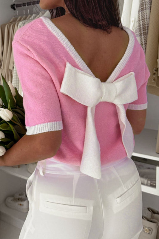 Front view of Bow Back Round Neck Short Sleeve Knit Top in Pink showing neckline and sleeve details