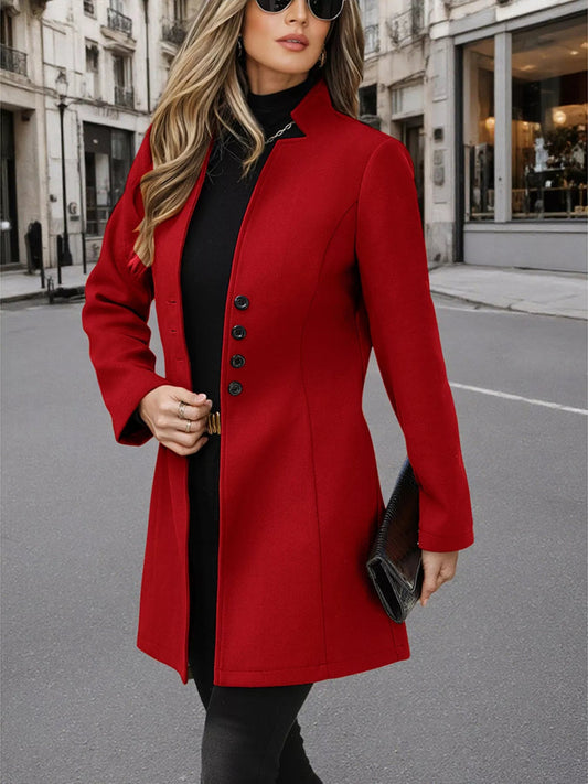 Front view of Button Up Long Sleeve Coat in Red showing neckline and sleeve details