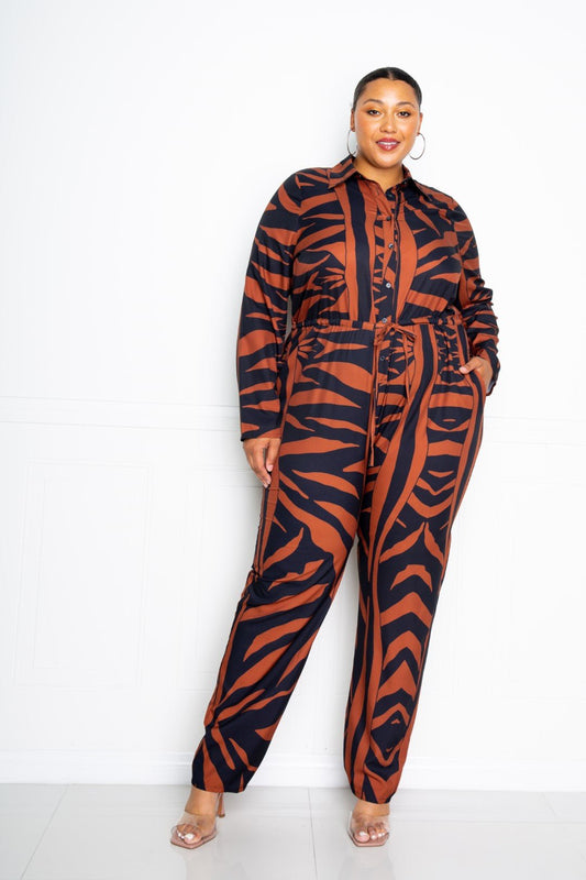 Front view of Button Up Long Sleeve  Jumpsuit showing neckline and sleeve details (5% spandex stretch)