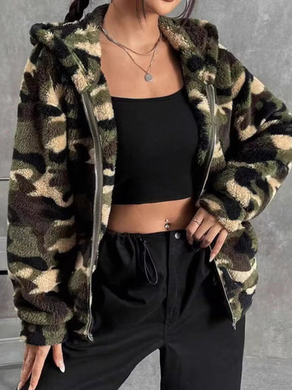 Camo Print Fuzzy Zip Up Outerwear - Rochelle's House LLC