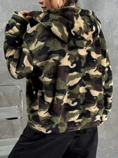 Camo Print Fuzzy Zip Up Outerwear - Rochelle's House LLC