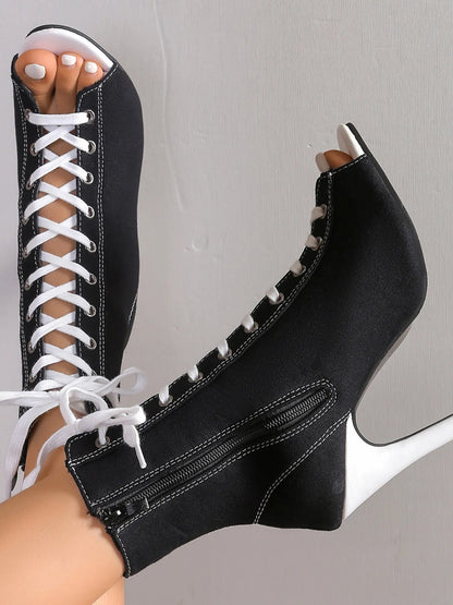 Canvas Lace - Up Peep Toe Stiletto Ankle Boots - Rochelle's House LLC