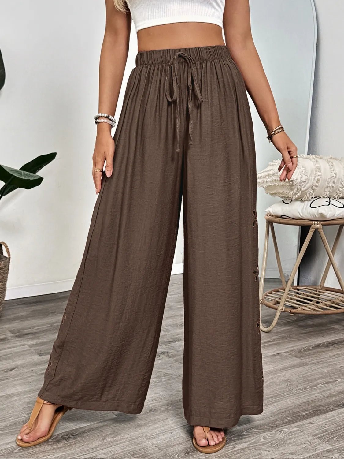 Front view of Casual Wide Leg Pants in Dark Brown showing neckline and sleeve details (100% polyester Stretch)