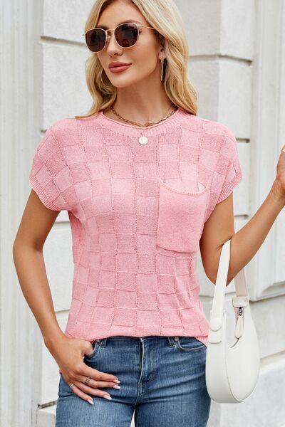 Front view of Checkered Round Neck Short Sleeve Knit Top in Blush Pink showing neckline and sleeve details