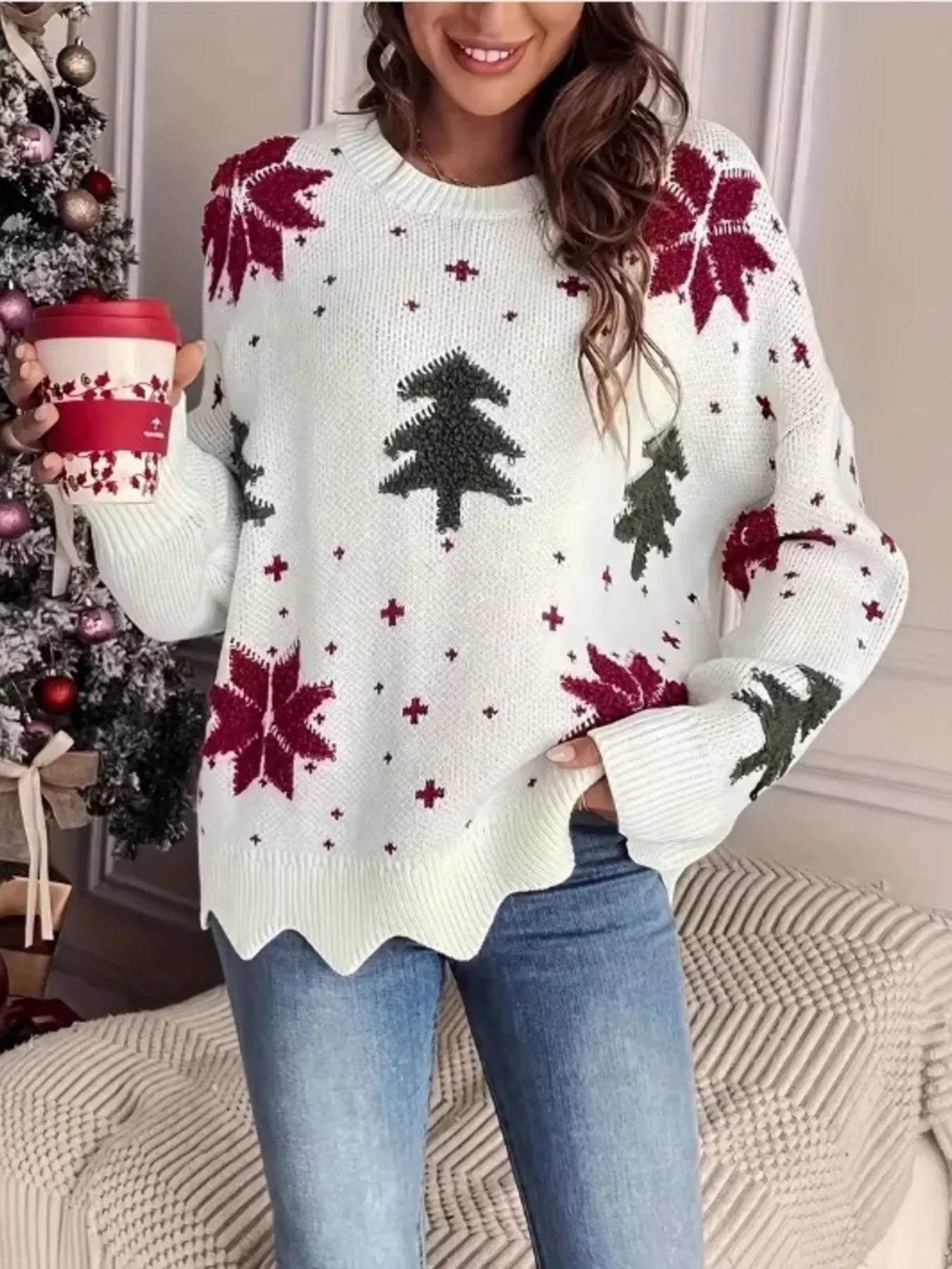 Christmas Tree Pattern Round Neck Sweater - Rochelle's House LLC