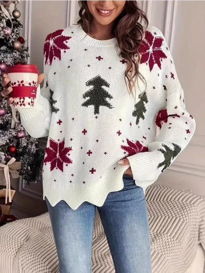Christmas Tree Pattern Round Neck Sweater - Rochelle's House LLC