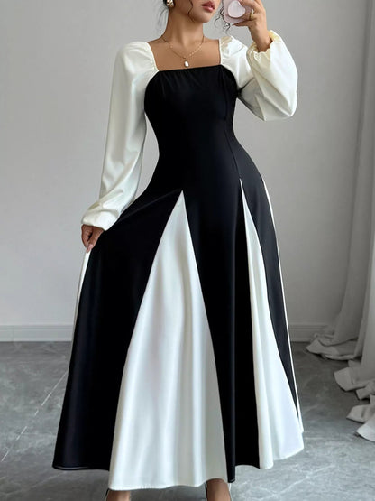 Front view of Color Block Square Neck Maxi Dress in Black showing neckline and sleeve details