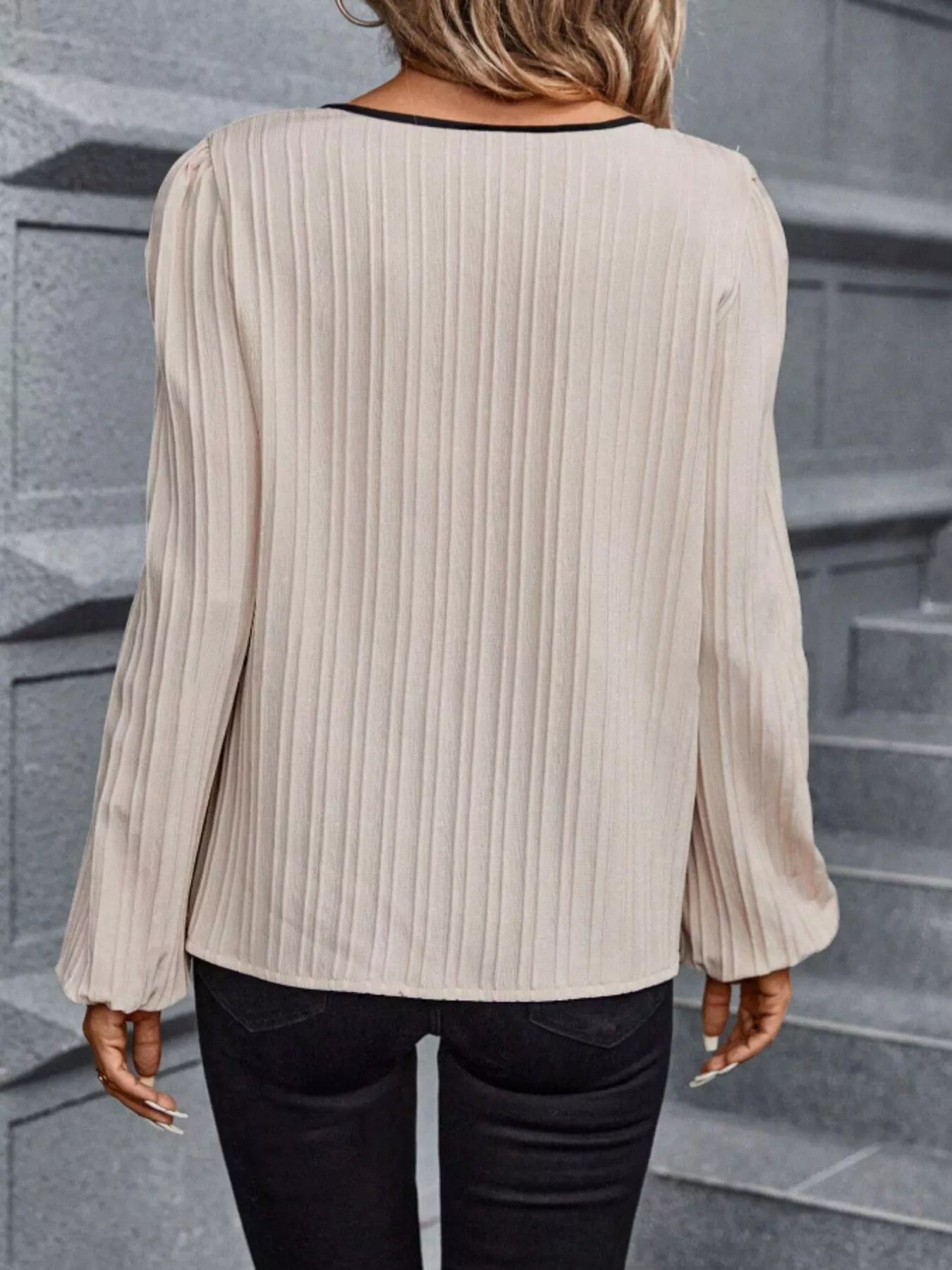 Contrast Notched Long Sleeve Blouse - Rochelle's House LLC