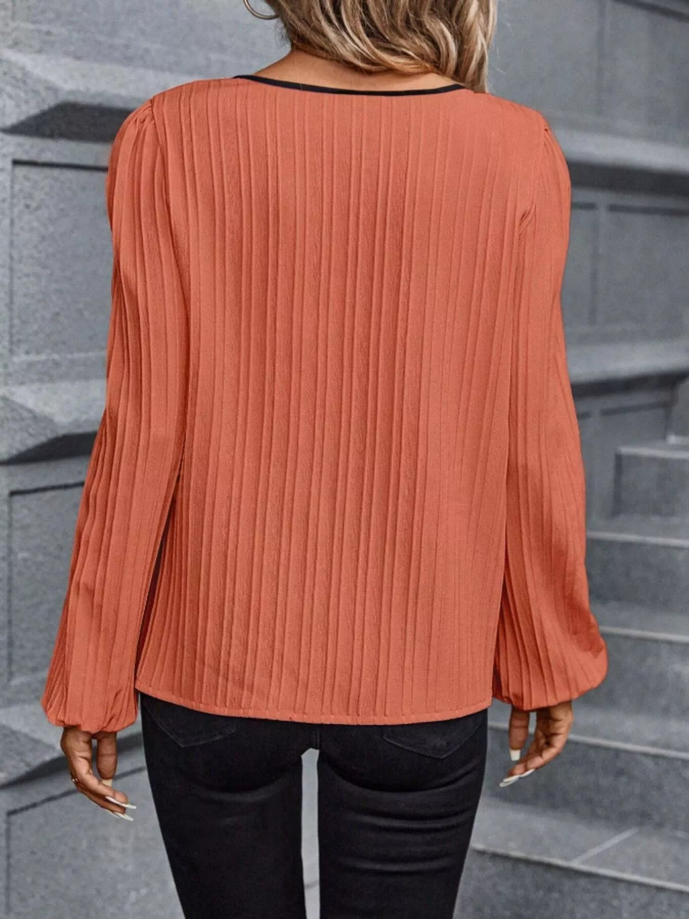 Contrast Notched Long Sleeve Blouse - Rochelle's House LLC
