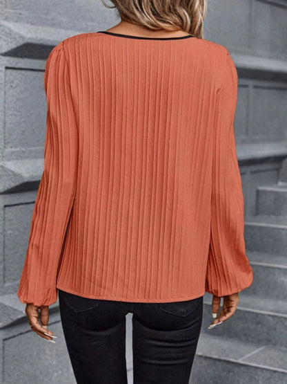 Contrast Notched Long Sleeve Blouse - Rochelle's House LLC