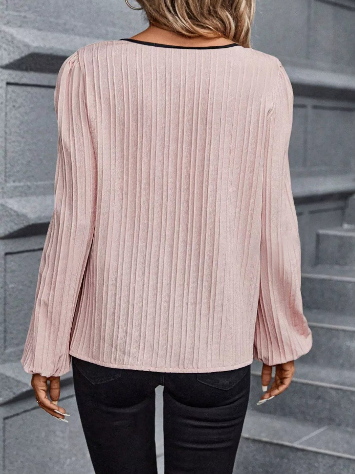 Contrast Notched Long Sleeve Blouse - Rochelle's House LLC