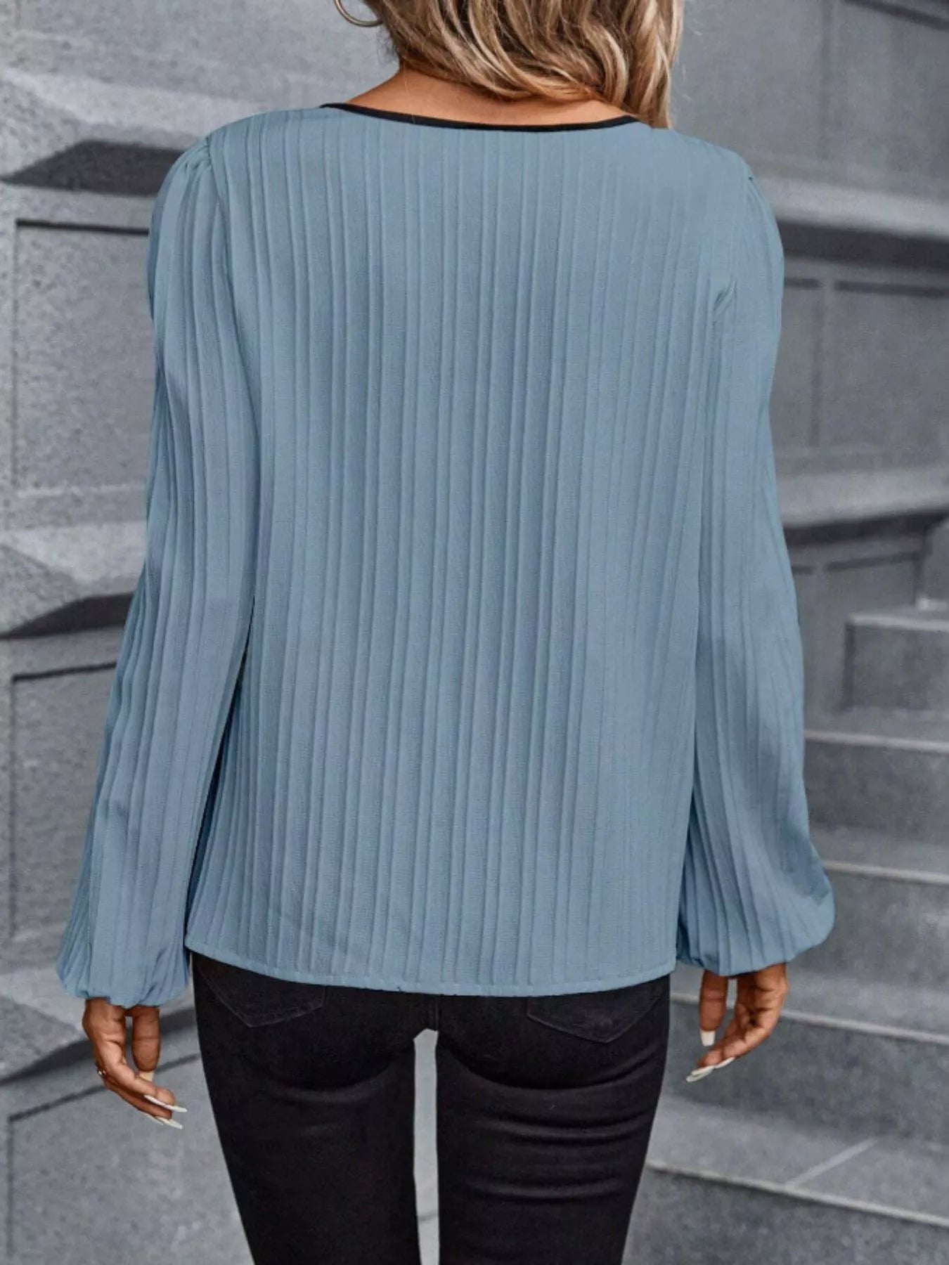 Contrast Notched Long Sleeve Blouse - Rochelle's House LLC