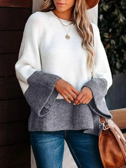 Front view of Contrast Round Neck Long Sleeve Sweater in White showing neckline and sleeve details