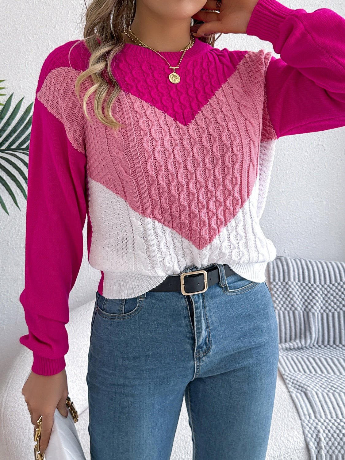 Contrast Round Neck Long Sleeve Sweater - Rochelle's House LLC