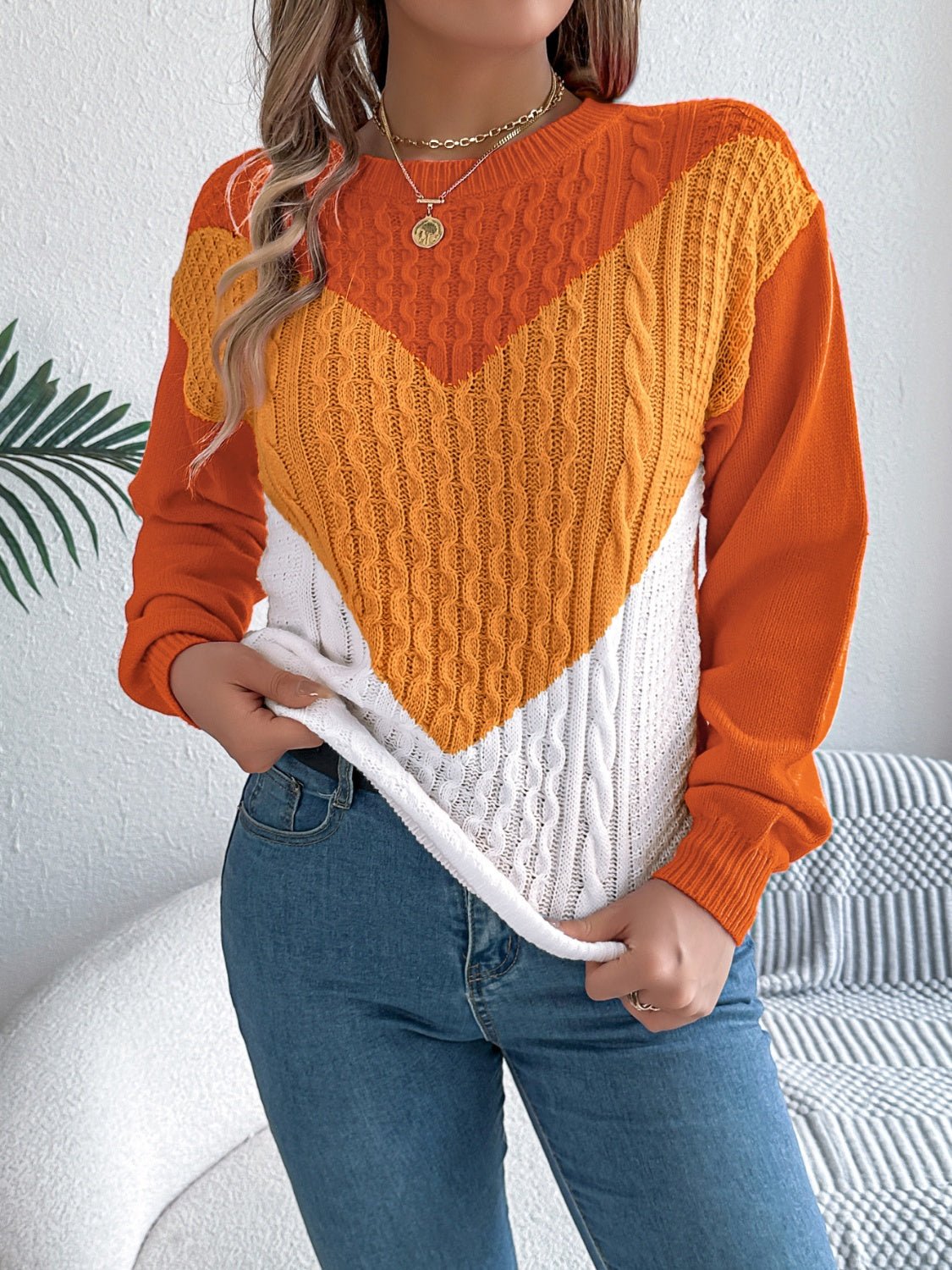 Contrast Round Neck Long Sleeve Sweater - Rochelle's House LLC