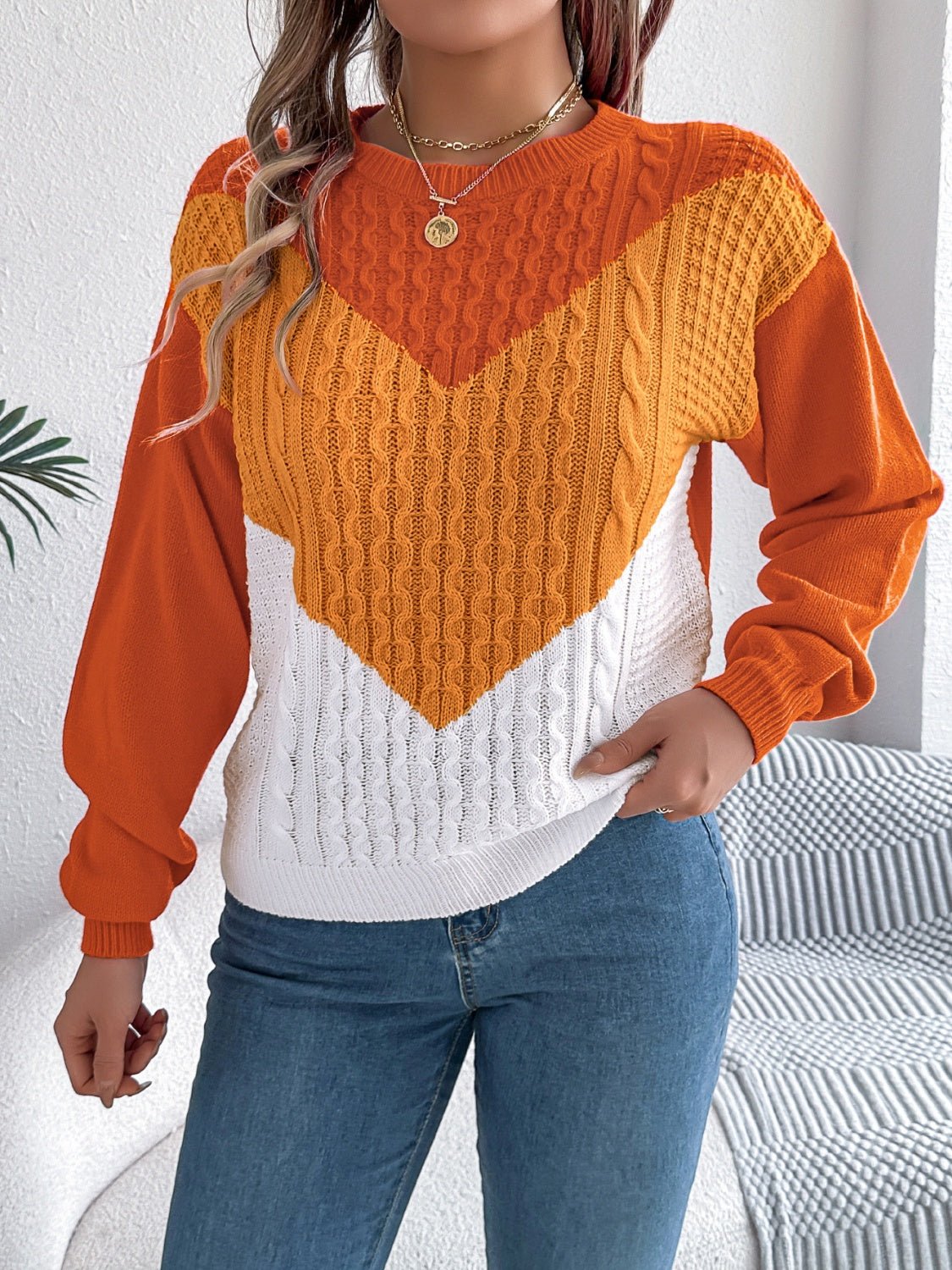 Contrast Round Neck Long Sleeve Sweater - Rochelle's House LLC