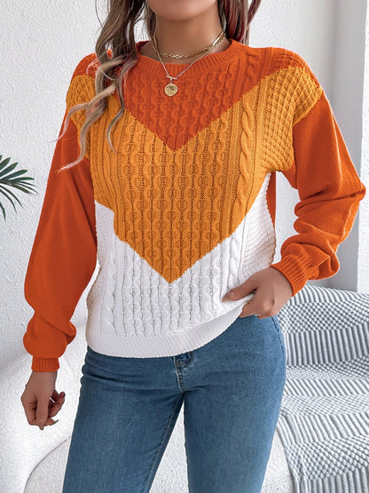Contrast Round Neck Long Sleeve Sweater - Rochelle's House LLC