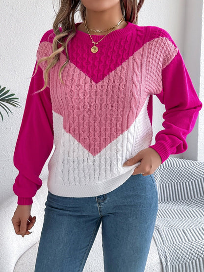 Contrast Round Neck Long Sleeve Sweater - Rochelle's House LLC
