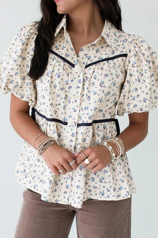 Front view of Contrast Trim Floral Puff Short Sleeve Shirt in White showing neckline and sleeve details (100% polyester Care)