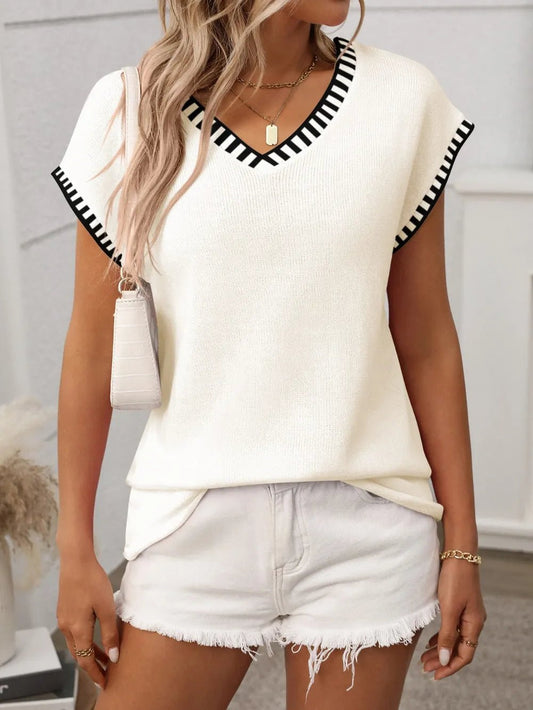 Front view of Contrast Trim V-Neck Short Sleeve Knit Top in Cream showing neckline and sleeve details