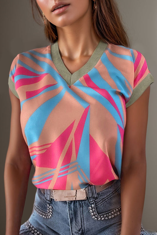 Front view of Contrast V-Neck Cap Sleeve Blouse in Multicolor showing neckline and sleeve details (100% premium polyester)