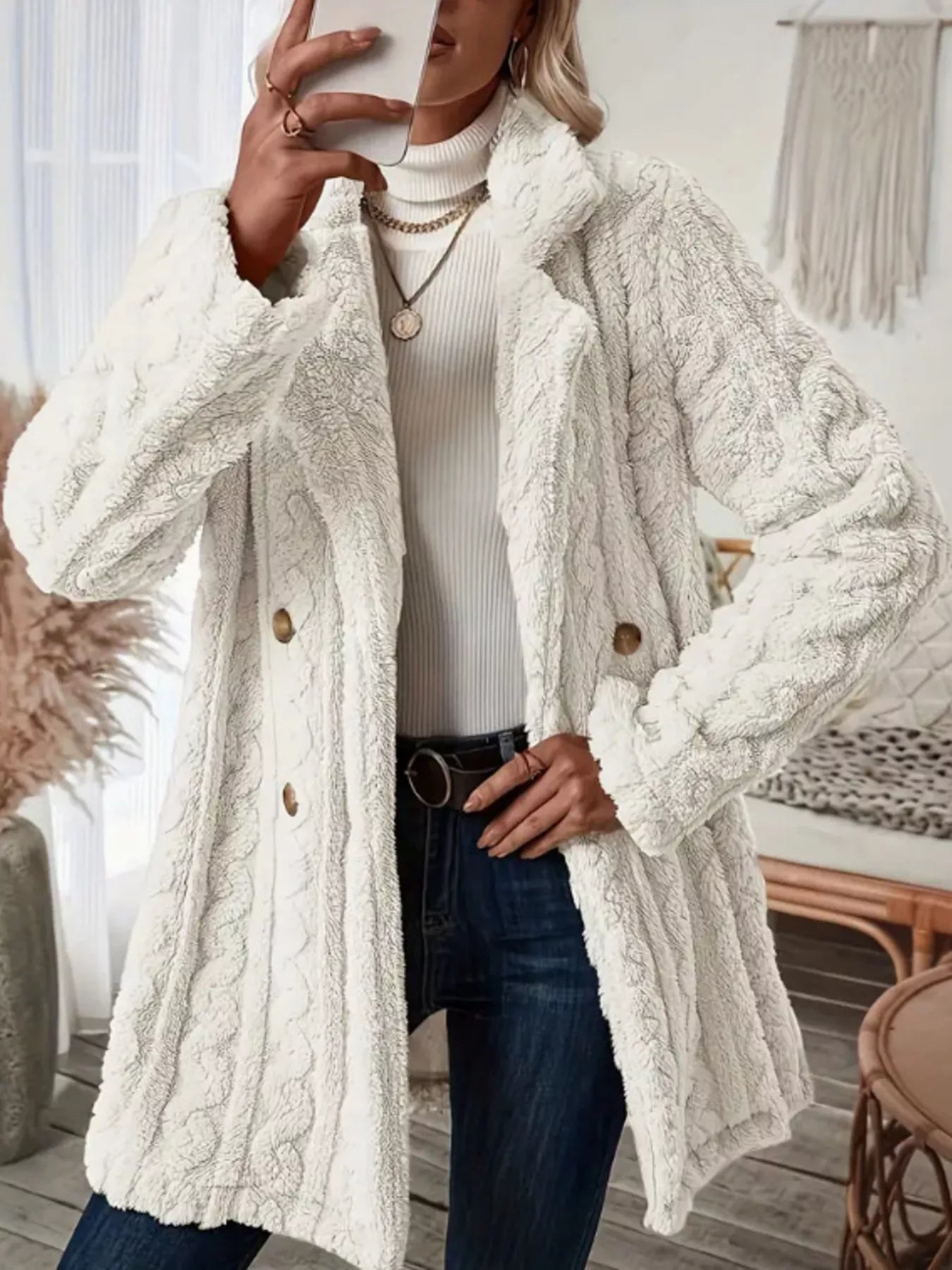 Cozy Faux Shearling Double - Breasted Outerwear - Rochelle's House LLC