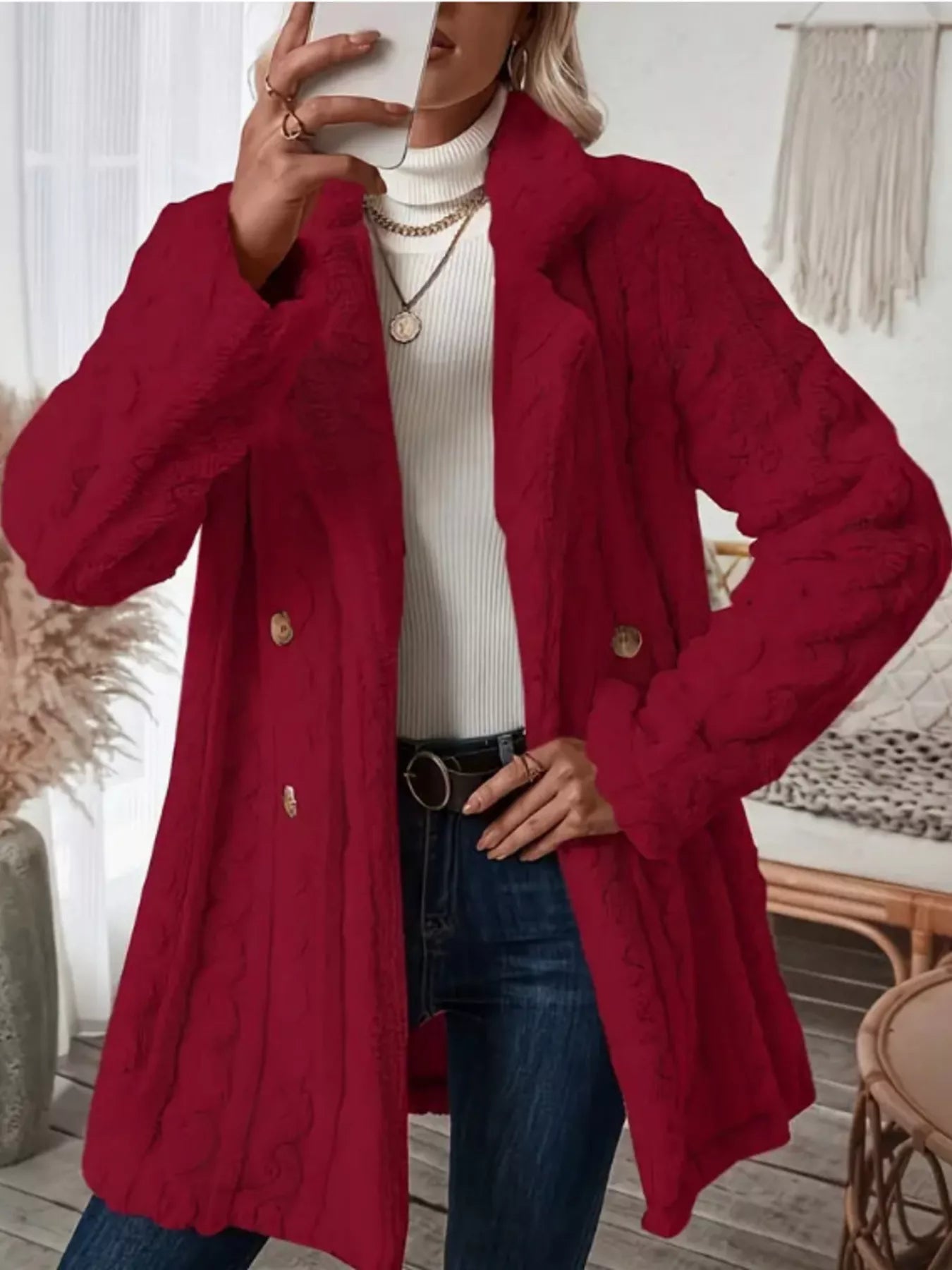 Cozy Faux Shearling Double - Breasted Outerwear - Rochelle's House LLC