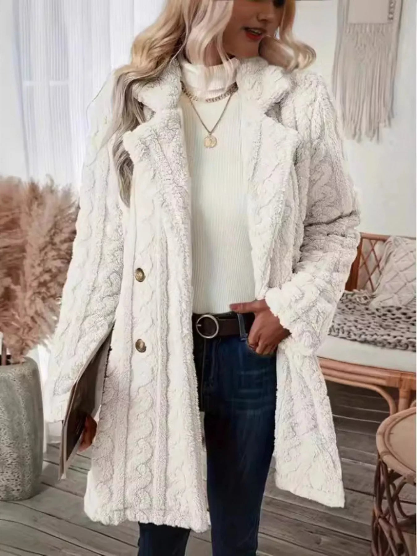 Cozy Faux Shearling Double - Breasted Outerwear - Rochelle's House LLC