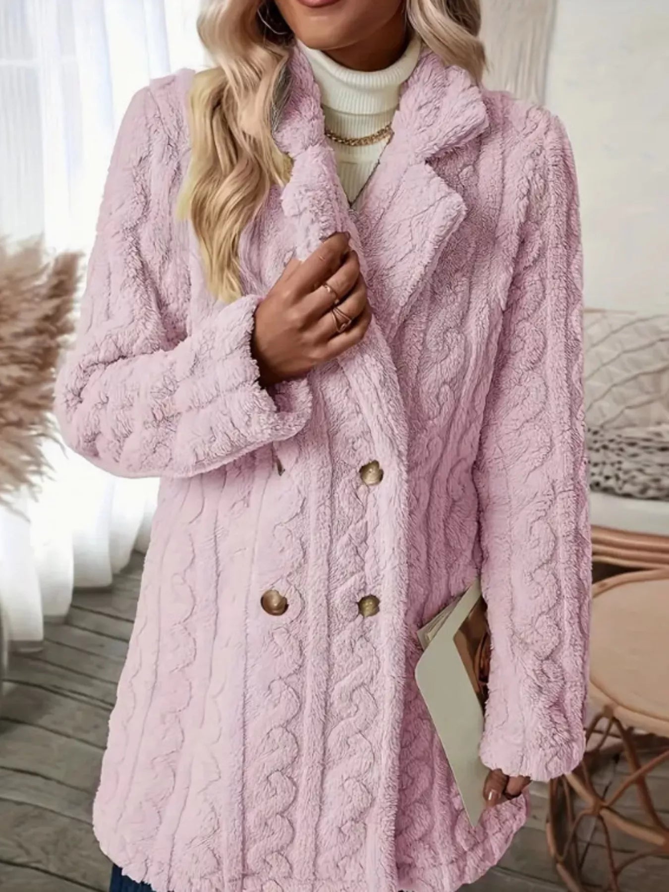 Cozy Faux Shearling Double - Breasted Outerwear - Rochelle's House LLC