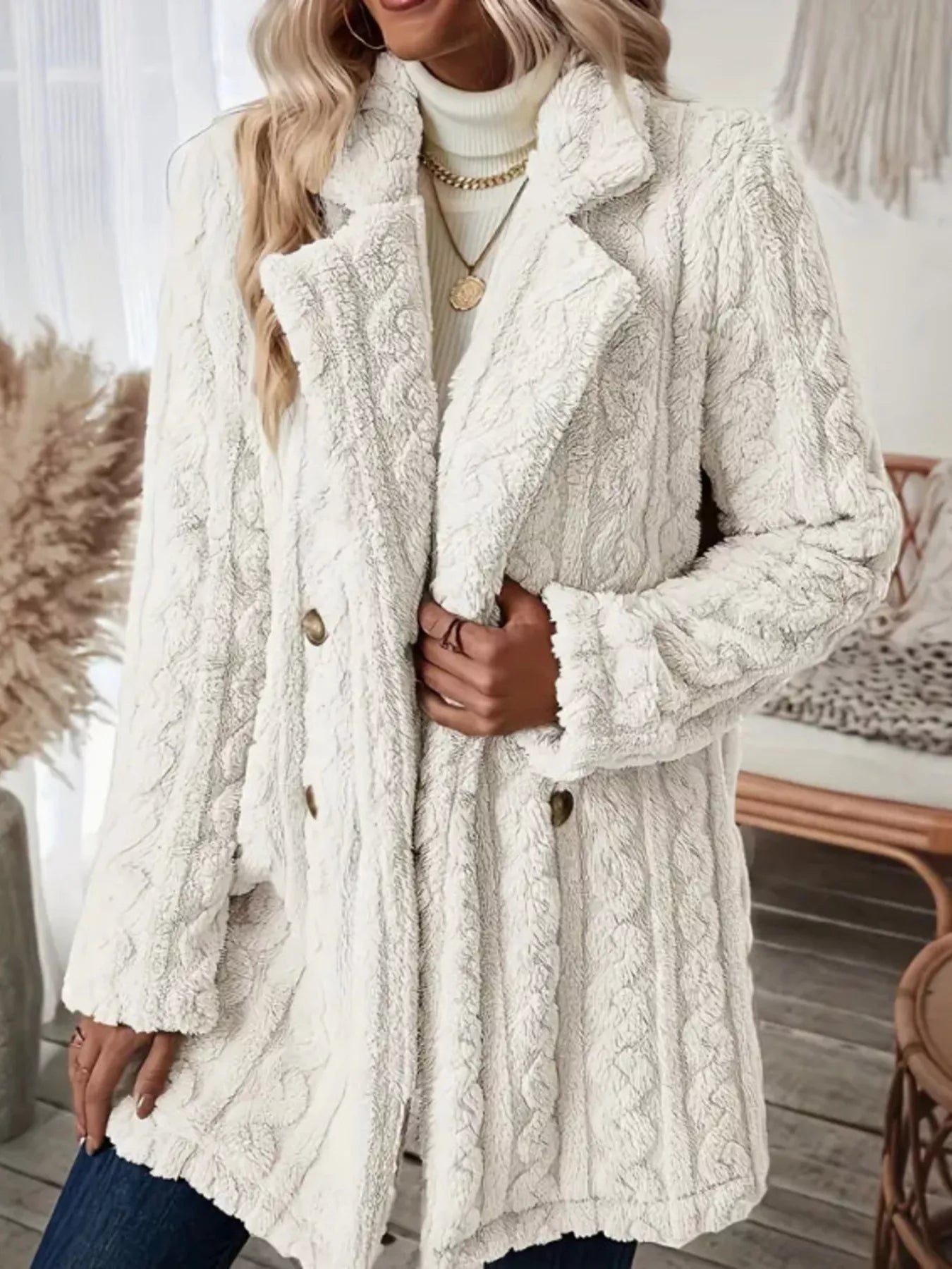 Cozy Faux Shearling Double - Breasted Outerwear - Rochelle's House LLC