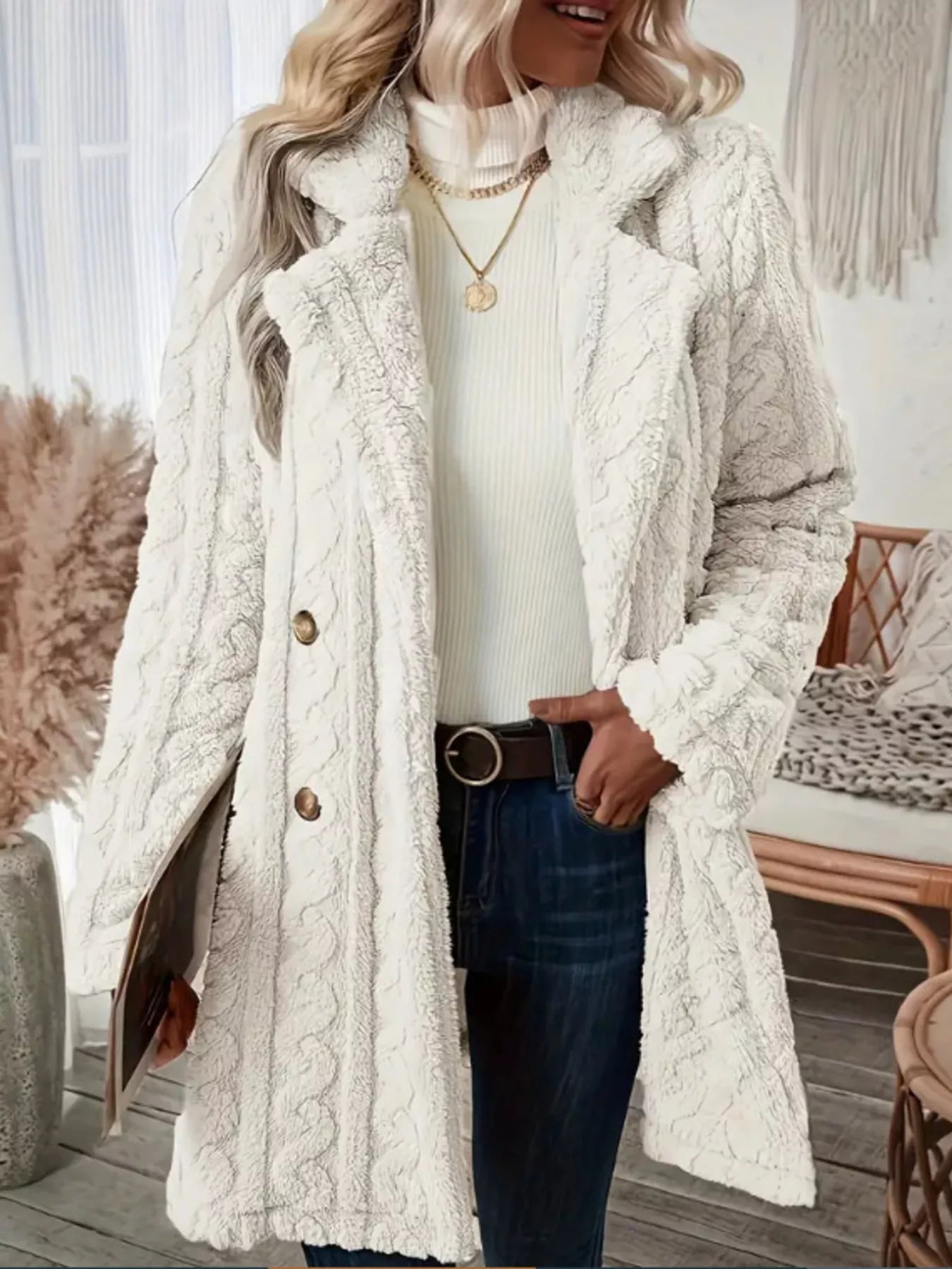 Cozy Faux Shearling Double - Breasted Outerwear - Rochelle's House LLC