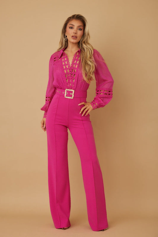 Front view of Crochet Detailed Woven Top Fashon Jumpsuit showing neckline and sleeve details (95% Polyester, 5% Spandex)