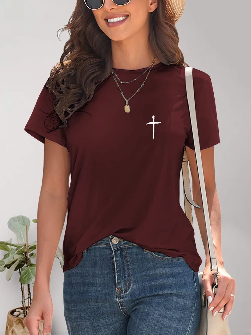 Front view of Cross Graphic Round Neck T-Shirt in Burgundy showing neckline and sleeve details