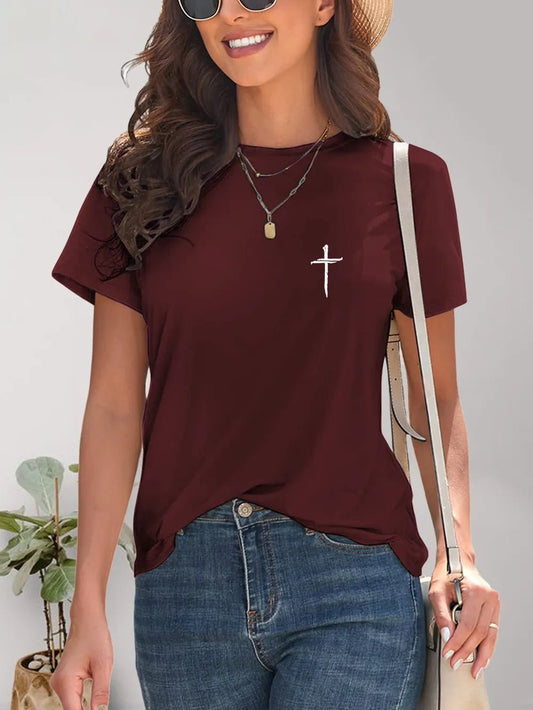 Front view of Cross Graphic Round Neck T-Shirt in Burgundy showing neckline and sleeve details