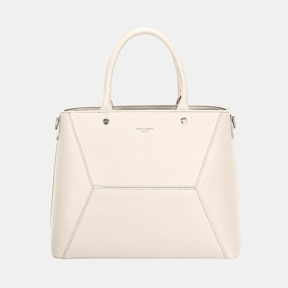 Front view of David Jones PU Leather Handbag in Creamy White showing neckline and sleeve details (pu)