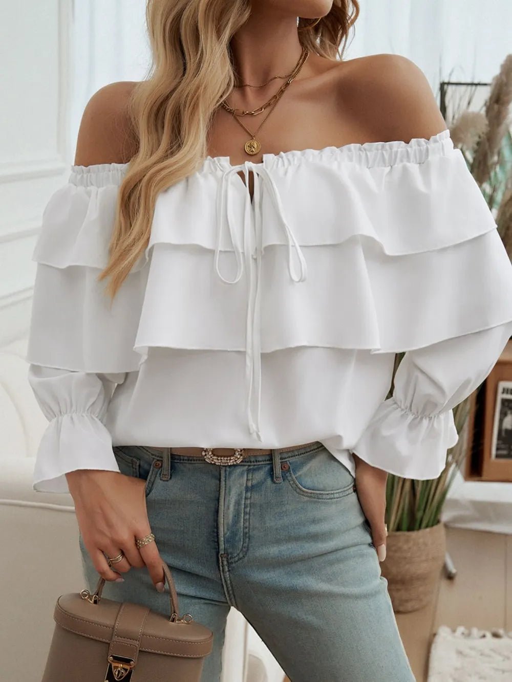 Devine Off - Shoulder Flounce Sleeve Blouse - Rochelle's House LLC