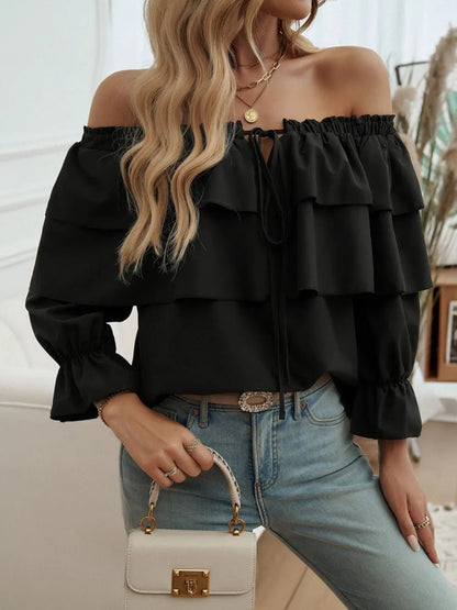 Devine Off - Shoulder Flounce Sleeve Blouse - Rochelle's House LLC